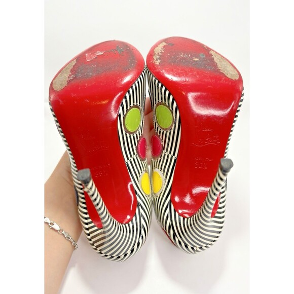 Christian Louboutin Lady Bug Heels Navy/White Stripes Bright Polka Dots Sz 35.5 - Picture 13 of 16